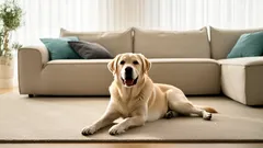 Labrador leží na koberci před pohovkou v moderním obývacím pokoji