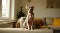 Sphynx kočka sedí na gauči v obývacím pokoji s žlutými polštáři a dekou.