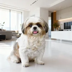 Malý pes Shih-tzu sedící na podlaze moderního bytu, světlý interiér v pozadí.